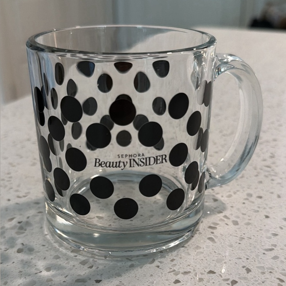 Sephora Clear Glass Mug with Black Polka Dots